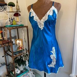 Frederick’s of Hollywood Blue Satin Slip Babydoll Dress w Cream Lace Trim